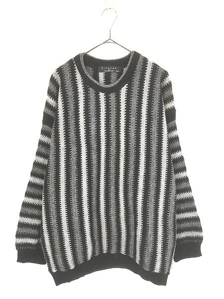 古着 90s USA製 Protege モノクロ ストライプ アート アルパカ ニット セーター XXL