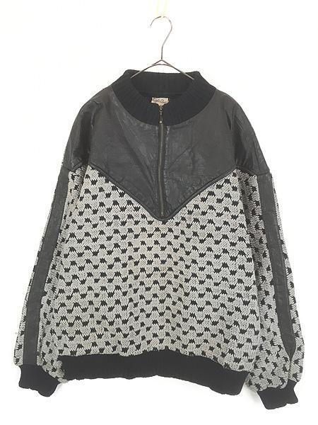 古着 90s Angelo Litrico ハーフジップ 本革 レザー モザイク ドット アート アクリル ニット セーター XL