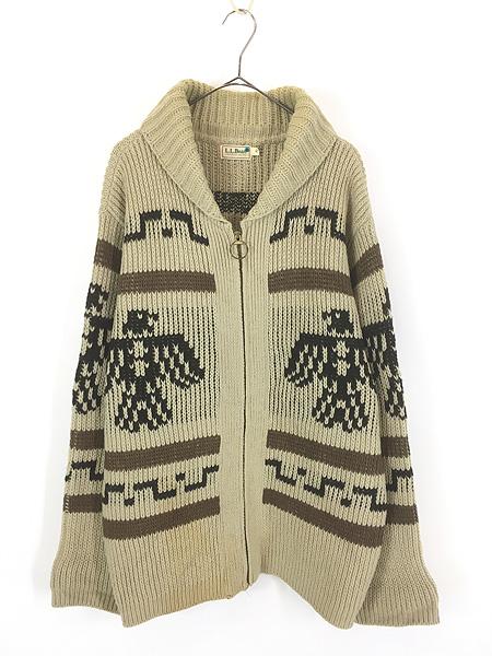 古着 90s LL Bean サンダーバード ヘチマ襟 ヘビー ウール ニット カウチン カーディガン ジャケット XL