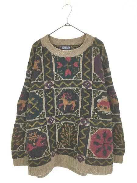 古着 90s LANDS' END パッチワーク風 マルチ パターン ウール ハンド ニット セーター L