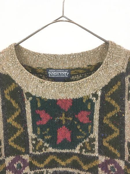 古着 90s LANDS' END パッチワーク風 マルチ パターン ウール ハンド