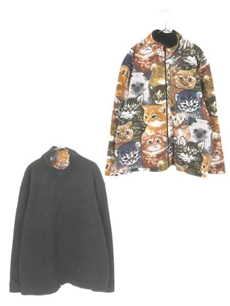 古着 猫 ねこちゃん アニマル 総柄 リバーシブル フリース ジャケット XL位