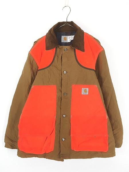 古着 90s USA製 Carhartt 裏地 ストライプ ブランケット ネオン キルティング ブラウン ダック ハンティング ジャケット XL