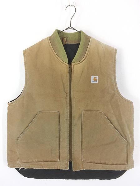 古着 80s USA製 Carhartt フェード ブラウン ダック 首リブ パデット ベスト 胸タグ 腰ゴム XL位