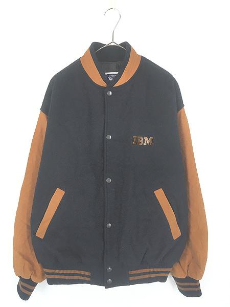 古着 製 EXPRESS 本革 レザー袖 「IBM」 刺しゅう メルトン ウール スタジアム ジャケット スタジャン L