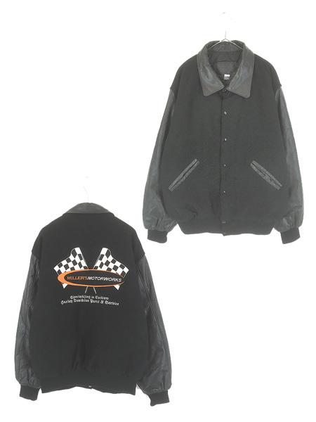 古着 90s USA製 HEAVY DUTY フラッグ 刺しゅう 本革 レザー袖 メルトン ウール スタジアム ジャケット スタジャン XL