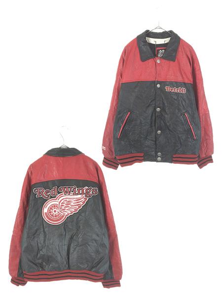 古着 NHL Detroit Red Wings レッドウィングス 本革 オール レザー スタジャン ジャケット L ?@