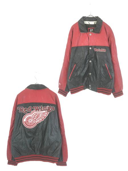 古着 NHL Detroit Red Wings レッドウィングス 本革 オール レザー スタジャン ジャケット L ?A