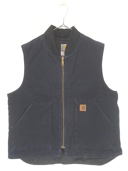 古着 00s Carhartt ペンキ MDT ネイビー ダック 首リブ パデット ベスト L