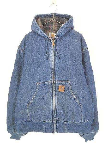 古着 80s- Carhartt 裏地 チェック ブランケット デニム アクティブ パーカー ジャケット L位