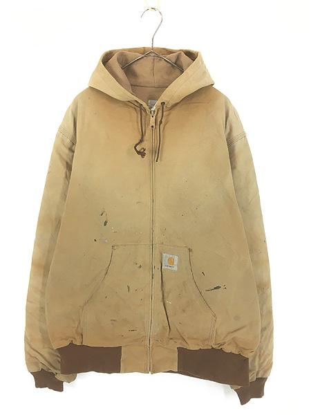 古着 90s USA製 Carhartt 裏地 メッシュ ペンキ & フェード ブラウン ダック アクティブ パーカー ジャケット XL Tall