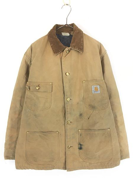 古着 80s- Carhartt 裏地 ストライプ ブランケット ブラウン ダック ミシガンチョア カバーオール ジャケット L位