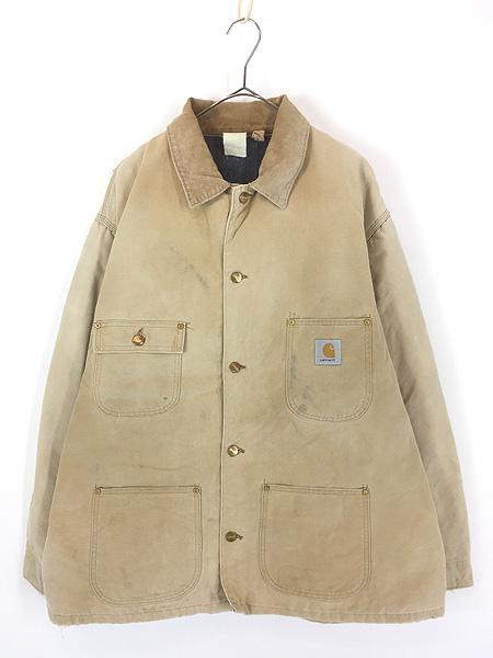 古着 80s- Carhartt 裏地 ストライプ ブランケット フェード ブラウン ダック ミシガンチョア カバーオール ジャケット XL位