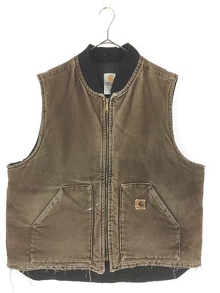古着 00s Carhartt DKB ダークブラウン ダック 首リブ パデット ベスト L