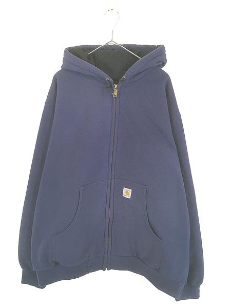 古着 00ｓ Carhartt 裏地 メッシュ ワンポイント パッチ スウェット ジップ パーカー ネイビー XL