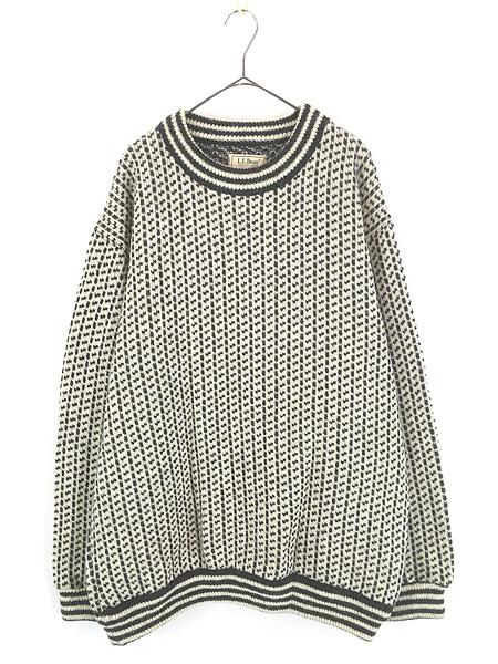 古着 80s ノルウェー製 LL Bean バーズアイ & リブライン ヘビー ウール ニット セーター XL Tall