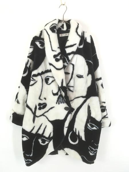 古着 80s USA製 DONNY BROOK モノトーン フェイス柄 フェイク ファー ロング コート M