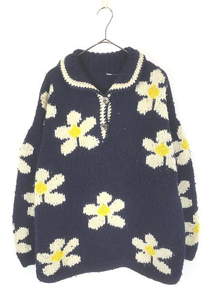古着 フラワー モチーフ 襟付き ヘビー ウール エクアドル ニット セーター XL位 古着