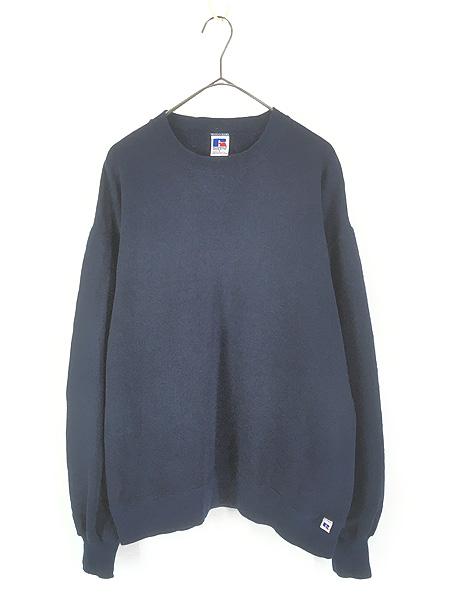 古着 90s USA製 Russell 無地 プレーン 前V セットイン スウェット トレーナー ネイビー L?B