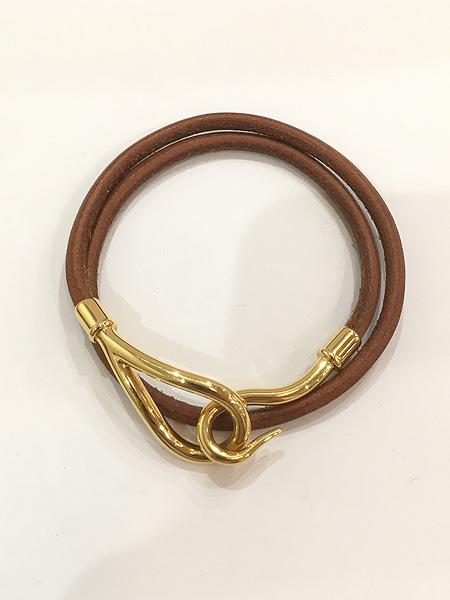 雑貨 古着 Hermes Jumbo ジャンボ ブレスレット 2連 ロング レザー ブラウン×ゴールド