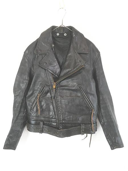 古着 60s CAL LEATHER 本革 レザー ベルト付き ダブル ライダース ジャケット XL位