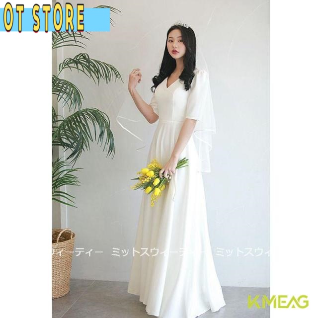 ウェディングドレス 白 aラインドレス 半袖 ウエディングドレス 二次会 花嫁 パーティードレス 披露宴 ブライダル 結婚式 ロングドレス 演奏会 フォーマルドレス