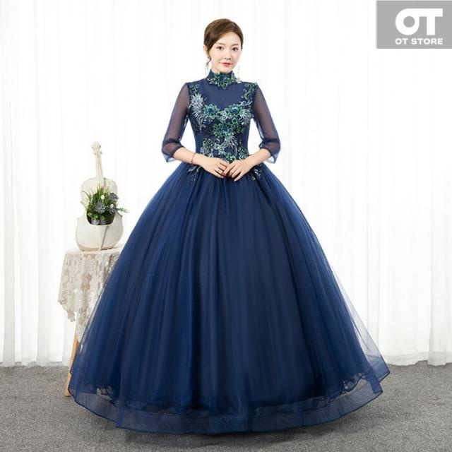 カラードレス ロングドレス 袖付き 袖あり ネイビー 演奏会用ドレス 演奏会 ピアノ 発表会 パーティードレス 二次会 結婚式 花嫁 大きいサイズ ドレス 大人 ステージ衣装 ワンピース 舞台衣装 コ