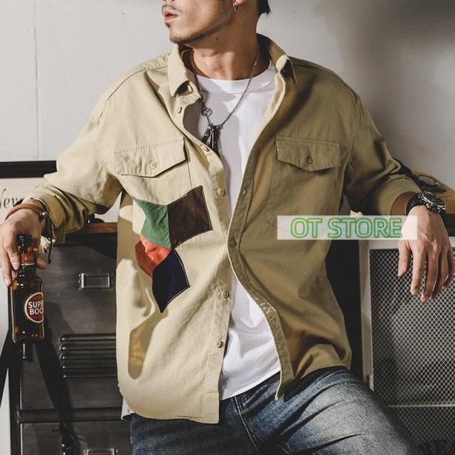ワークシャツ メンズ 長袖 レトロ ミリタリー 切り替え ポケット付き シャツジャケット 羽織り 春秋 カジュアルシャツ