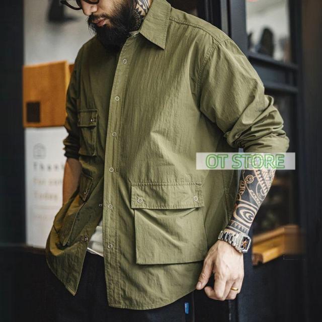 シャツ ワークシャツ 軽量 メンズ 長袖 ミリタリーグリーン 大きいサイズ おしゃれ ナイロンシャツ スナップボタン アウトドア 大容量ポケット 三つポケット