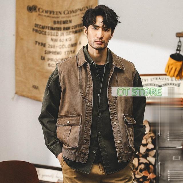 綿 100 ベスト ジレ メンズ 作業服 大きいサイズ ウォッシュ加工 レイヤード ワークベスト アメカジ ストリート アウトドア アメカジ ワーク バイカー カーゴ