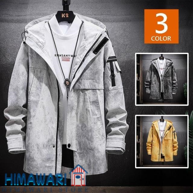 コート メンズ スプリングコート ジップパーカー ブルゾン フード付き 暈し染め色 ロング丈コート 春秋 春物 通学 通勤 アウター カッコイイ ライトアウター