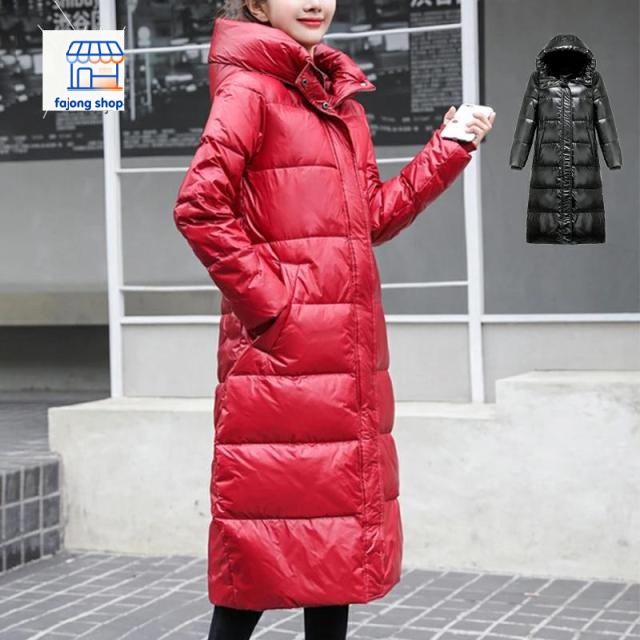 ダウンコート レディース ロング おしゃれ 光沢 フード付き ダウンケット 膝丈 軽量 暖かい ファッション アウター 20代 30代 40代 女性着 オーバーコート 赤 レッド ブラック 黒 ロングコート 韓国風 冬服 大きいサイズ S M L XL レディースコート 厚手 冬 ダウンジャケット