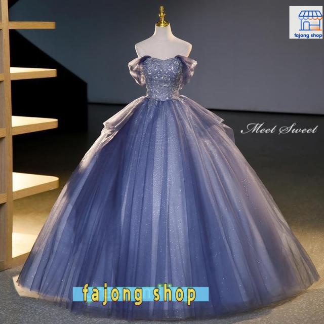 カラードレス 編み上げ ブルー ネイビー ロングドレス 結婚式 二次会 発表会 演奏会 ウェディングドレス ウエディングドレス 花嫁 前撮り 上品 プリンセスドレス