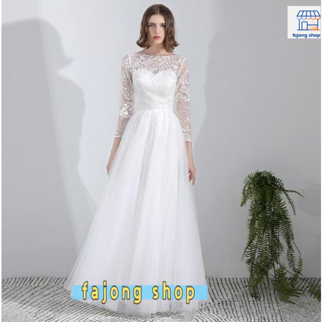 ウェディングドレス サイズオーダー 二次会 結婚式 披露宴 ブライダル ロングドレス 花嫁 長袖 レース ウエディングドレス Aライン パーティードレス ファスナー