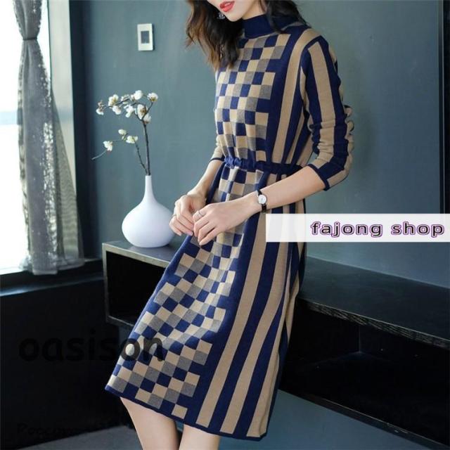 ニットワンピース ロング丈 秋 冬 レデース ワンピース 長袖 秋冬 チェック ストライプ 体型カバー ロングワンピース 上品 ママワンピース 上品 30代 40代