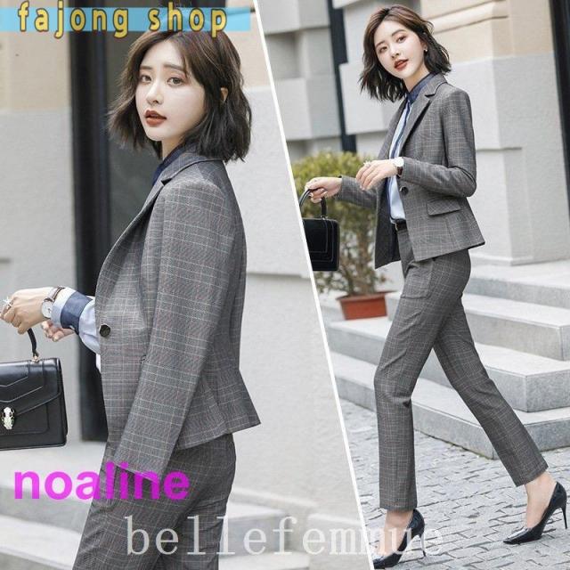セットアップスーツレディースチェック柄パンツスーツ春秋冬フォーマルスーツ通勤OLスーツオフィススーツセレモニースーツ