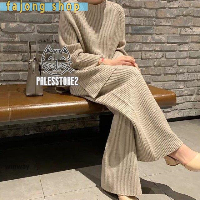 セットアップ ツーピース レディース 秋 冬 コンサバ リブニット ゆったり オーバーサイズ パンツ ニットソー 無地 上品 きれいめ 20代 30代 40代 可愛い 大人