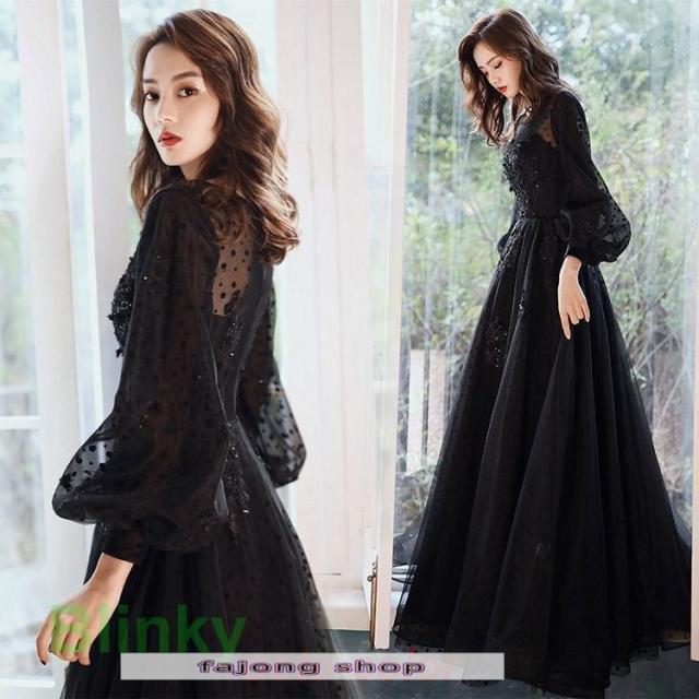 イブニングドレス ロングドレス 黒 パフスリーブ 長袖 発表会ドレス ブラック キラキラ スパンコール 花柄 ビーズ キレイめ パーティードレス Aライン 演奏会