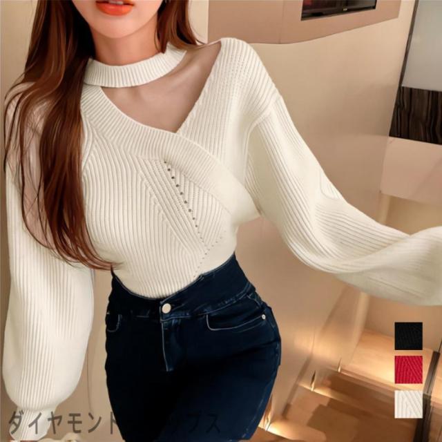 ショート丈 ニットトップスレディース秋冬