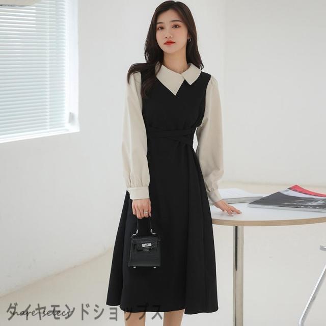 ワンピース レディース 秋 春 ロングワンピース シャツワンピース ミディアム丈 秋冬 通勤 可愛い ゆったり 体型カバー 20代 30代 40代 50代 着痩せ 重ね風 韓国