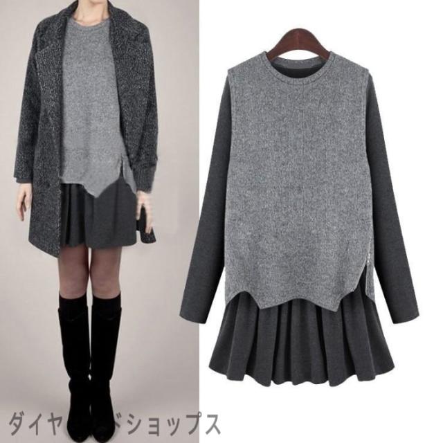 ワンピース チュニック レディース 40代 50代 きれいめ 秋 冬 秋冬 セットアップ ベスト 丸首 長袖 ミニ丈 Aライン