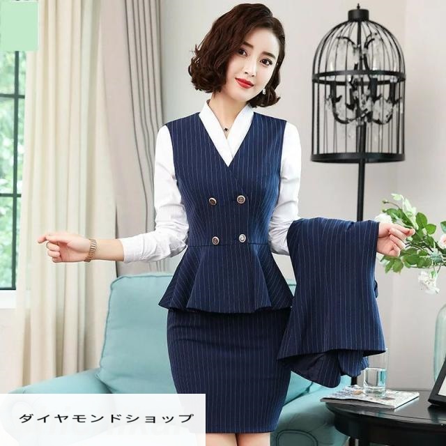 セレモニースーツ セットアップスカート スカートセット 春新作ジャケットとストライプベストとシャツとスカートorパンツ 4点セットト オフィスカジュアル レディース 上下セット 大きいサイズ お呼ばれ 個性的 OL通勤 フォーマルスーツ