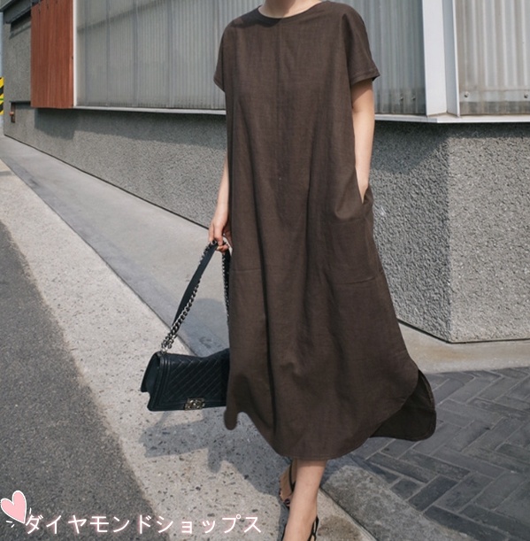 ワンピース シャツワンピース ロング丈 半袖 ラウンドネック Aライン 綿 大人可愛い きれいめ シンプル カジュアル こなれ感 ラフ 抜け感 無地 春 夏 秋 デート お出かけ 休日 リゾート 旅行 普段使い 体系カバー ゆったり ゆる ブラウン ピンク