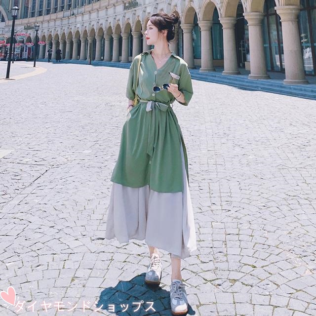 ワンピース レディース フレアワンピース ロング丈 袖あり 半袖 5分袖 五分袖 ドルマンスリーブ Vネック 襟あり フレア シャツワンピース風 ドッキング レイヤード風 リボン ウエストリボン ウエストマーク 切り替えデザイン 大人可愛い きれいめ シンプル カジュアル 大人