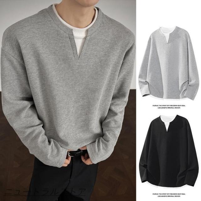 tシャツ ロンt トップス カットソー ティーシャツ ワッフル 長袖 レイヤード襟 切り替え メンズ 2025 秋冬