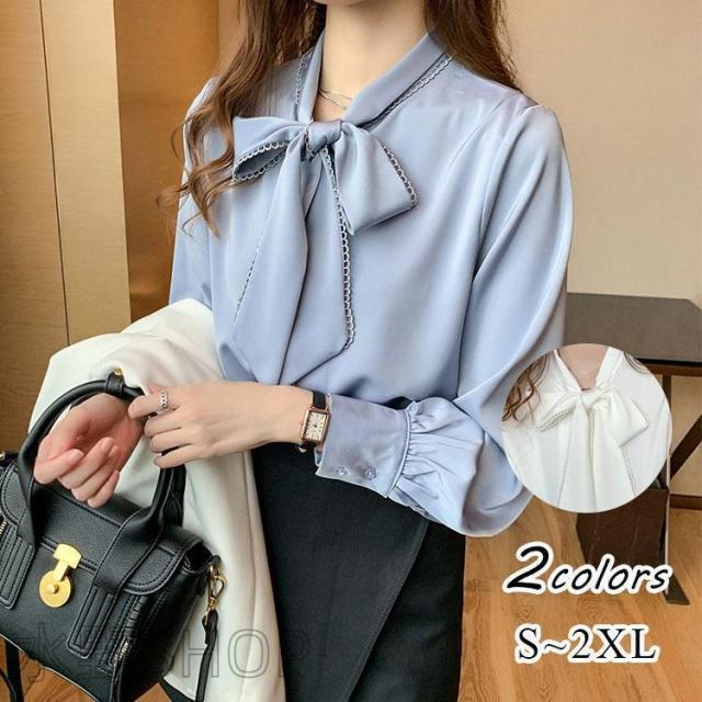 夏新作ボウタイブラウス 長袖 リボンボウタイブラウス シャツ レディース 春 秋 白 シャツ ブラウスシャツ きれいめ リボンボウタイ トップス