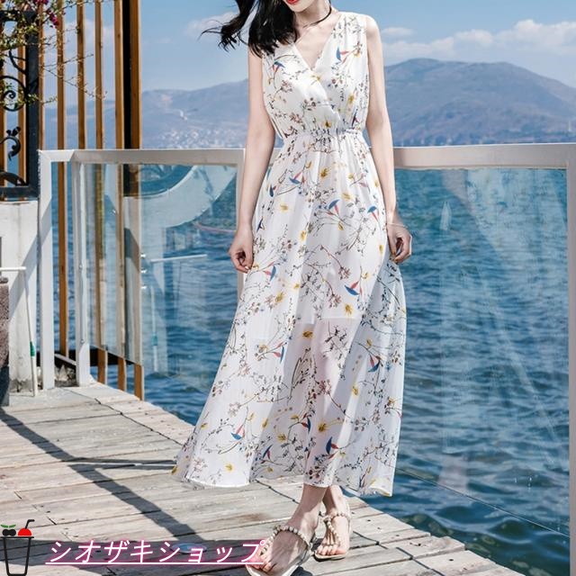 花柄シフォンワンピース ワンピース レディース ロングワンピース ノースリーブ カシュクール Vネック ウエストゴム フレア ドレス シアー 透け感 ボタニカル プリント ハイウエスト 白 ホワイト ワンピドレス リゾートワンピース 大人可愛い きれいめ 上品 エレガント