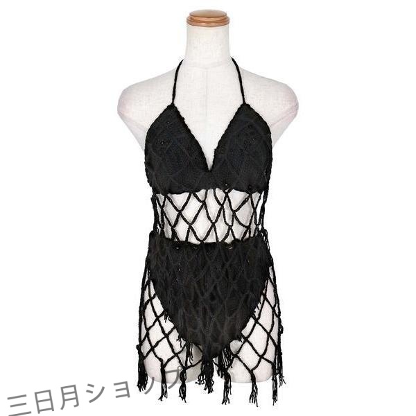 水着 レイヤードフリンジ付きかぎ編みチュニックホルターネックハイウエストビキニ 水着