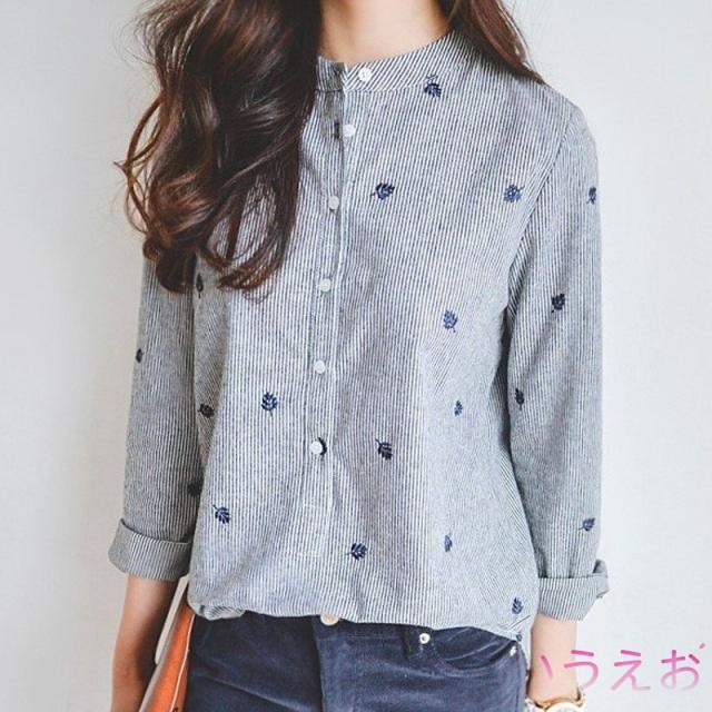 ノーカラーシャツ ストライプシャツ ブラウス 刺繍 長袖 レディース プルオーバートップス 秋冬 きれいめ ストライプ柄 大人女子 カジュアル