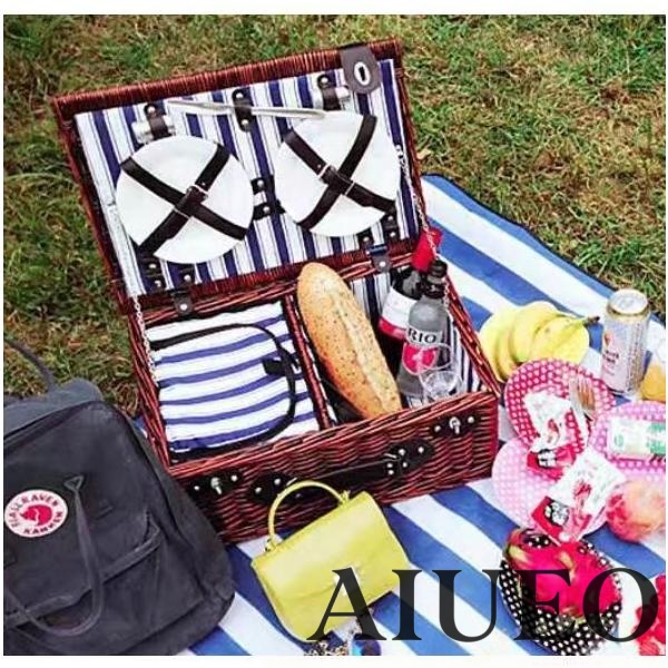 ピクニックバスケット 籐編み 断熱材付き カバー付き 2-4人用 カトラリー収納 ポータブル キャンプ/遠足に おしゃれ持ち運び
